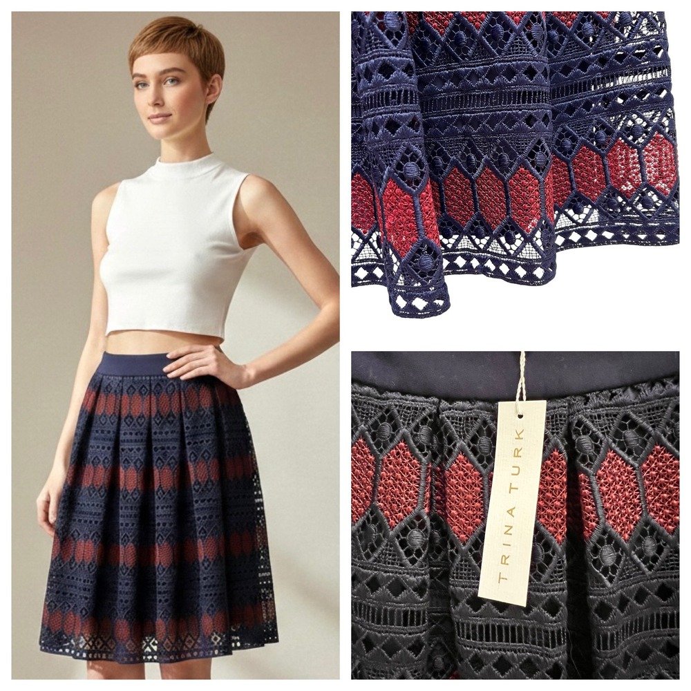New Trina Turk LeLand Diamond Embroidered Lace Skirt Navy Red Sz 6 NWT Fairygoth